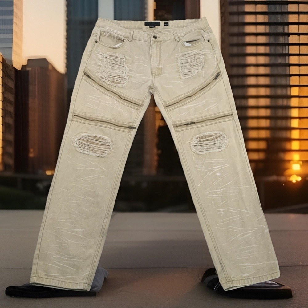 Decibel Mens Heavy Tan Washed Jeans 40 x 32 Fits (38x32) Zip Pockets Punk Grunge